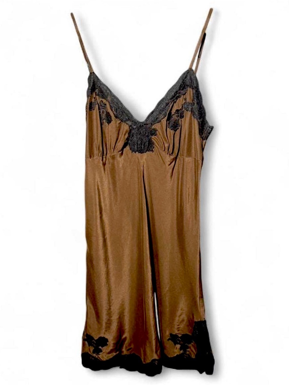 100% Silk Brown Slip Dress Lace Trim Gold Hawk Small